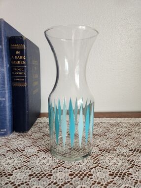 Atomic Diamond Pattern Clear Glass Carafe Or Vase - Teal Blue